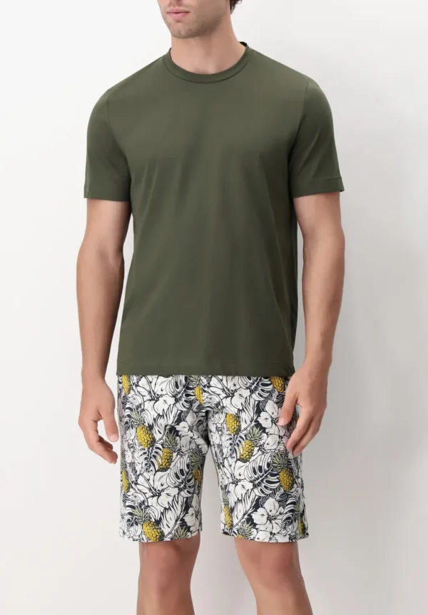 Pigiama Corto Girocollo in Cotone Jersey Stampa Ananas