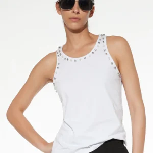 TS07-Canotta in cotone stretch con strass e perle
