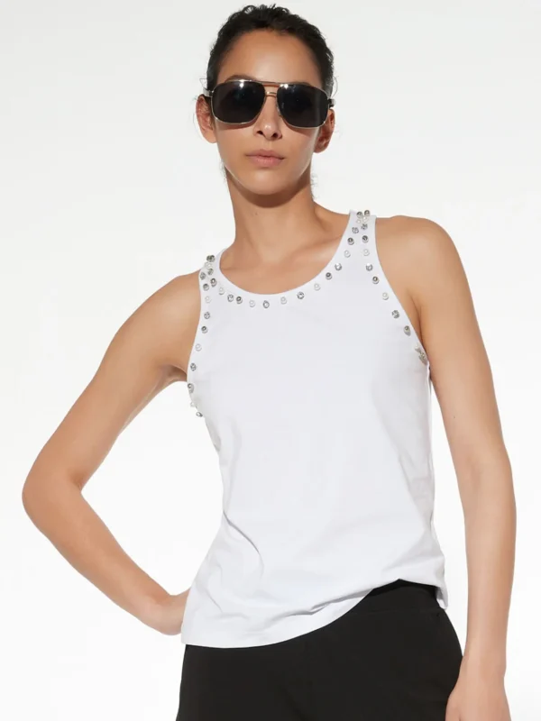 TS07-Canotta in cotone stretch con strass e perle