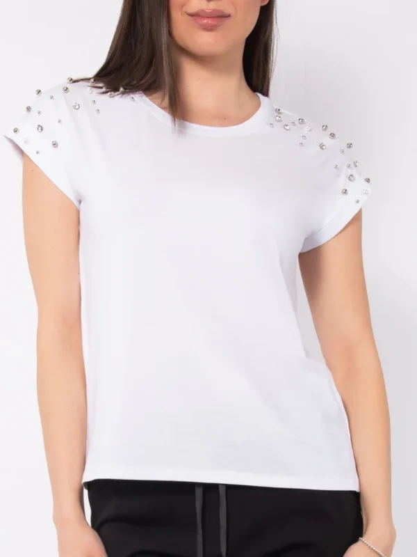 TS15-T-shirt in viscosa e cotone con strass e perle - immagine 2
