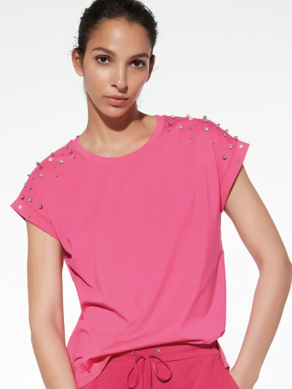 TS15-T-shirt in viscosa e cotone con strass e perle
