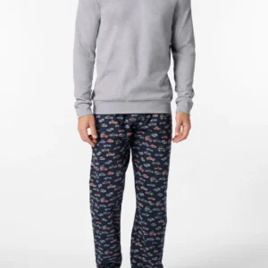 Pigiama Lungo Girocollo In Cotone Invernale con Stampa Macchinine